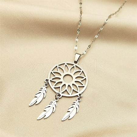 Non-Tarnish Woven Net/Web with Feather 304 Stainless Steel Boho Pendant Necklaces for Women NJEW-G087-02P-1