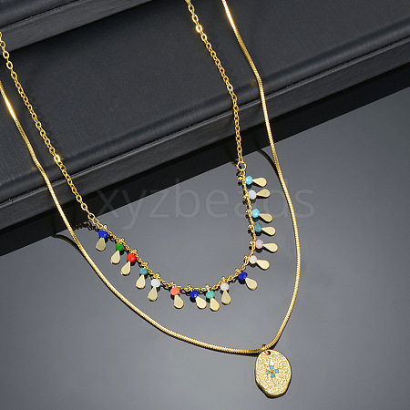 Bohemian 304 Stainless Steel & Colorul Beads Double Layered Pendant Necklaces for Women WG8806E-01-1