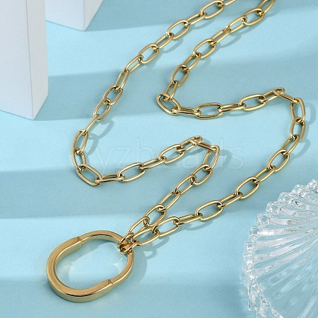 304 Stainless Steel Oval Pendant Paperclip Chain Necklaces NJEW-L157-08G-1