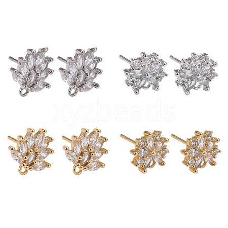 4 Pairs 2 Style Brass Mirco Pave Clear Cubic Zirconia Stud Earring Findings EJEW-ZZ0001-01-1