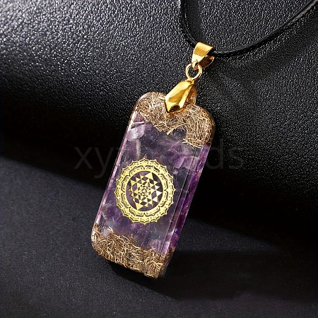 Resin with Natural Amethyst Chips Inside Rectangle Pendant Necklace PW-WG89894-02-1