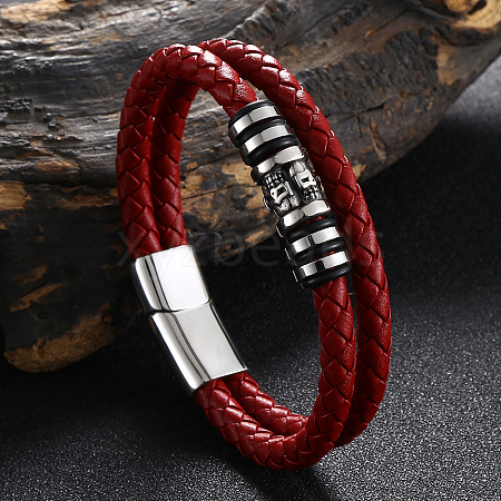 Stainless Steel Skull Beaded Leather Double Layer Multi-strand Bracelet SKUL-PW0004-26C-02-1