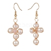 Natural Shell & Rose Quartz Braided Cross Dangle Earrings EJEW-JE04954-03-2