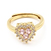 Rack Plating Brass Micro Pave Pink & Crystal Cubic Zirconia Heart Adjustable Rings RJEW-E064-17G-2