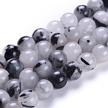 Natural Tourmalinated Quartz/Black Rutilated Quartz Beads Strands G-E558-04-10mm