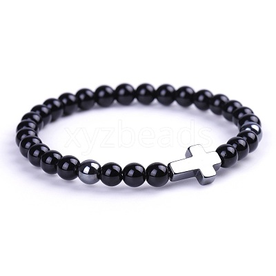 Natural Black Stone & Synthetic Non-magnetic Hematite Beads Stretch Bracelets for Women Men BO6196-3-1