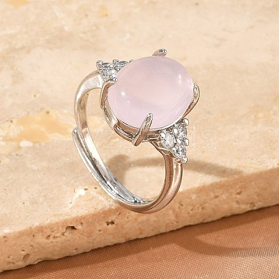 Brass Micro Pave Cubic Zirconia with Natural Rose Quartz Cuff Open Rings RJEW-T035-01P-L-1
