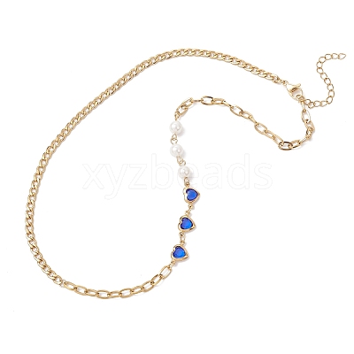 2Pcs 2 Colors Round White Shell Pearl & Heart 304 Stainless Steel Glass Link Chain Necklaces for Women NJEW-JN05594-1