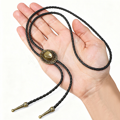 1Pc West Cowboy Hat Tibetan Style Alloy Pendant Black PU Leather Cord Bolo Tie Lariat Necklaces NJEW-GF0001-24B-1