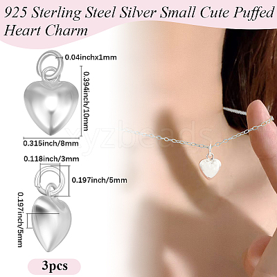 3Pcs 925 Sterling Silver Puffed Heart Charms with Jump Rings STER-BBC0008-09-1