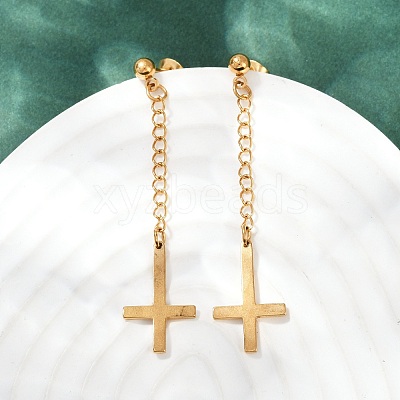 Christian Upside Down Cross 201 Stainless Steel Dangle Stud Earrings EJEW-P314-01B-G-1