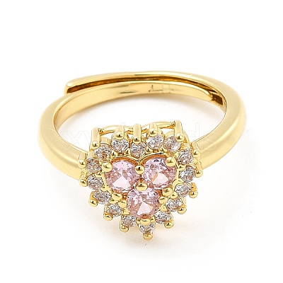 Rack Plating Brass Micro Pave Pink & Crystal Cubic Zirconia Heart Adjustable Rings RJEW-E064-17G-1