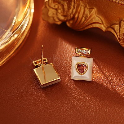 Brass & Natural Shell & Cubic Zirconia Stud Earrings WGADA0A-02-1