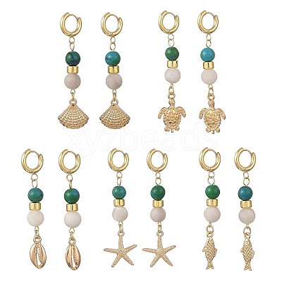 Synthetic Chrysocolla & Natural Agate Beads Hoop Dangle Earrings EJEW-JE07321-1