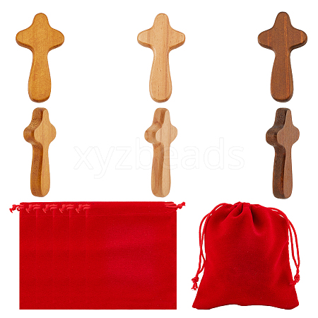   6Pcs 3 Colors Wood Hand-held Cross WOOD-PH0002-48-1