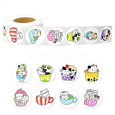 Round Paper Cat in Cup Cartoon Sticker Rolls PW-WG36611-01-1