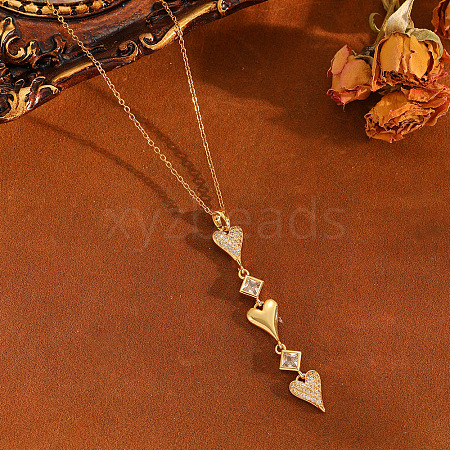 Brass Pave Clear Cubic Zirconia Heart Tassel Long Pendant 304 Stainless Steel Cable Chain Necklaces for Women WGA7C59-07-1