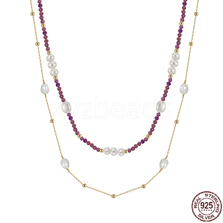 Natural Lepidolite & Pearl Beaded Double Layer Necklaces NJEW-G121-01G-1