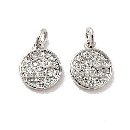 Flat Round with Pavilion Brass Micro Pave Clear Cubic Zirconia Charms KK-G425-19P-1