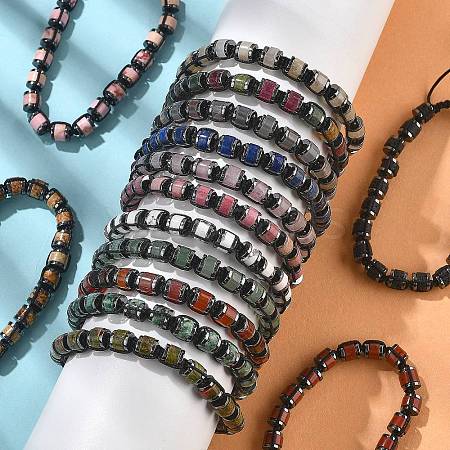 Adjustable Natural & Synthetic Gemstone and Non-magnetic Synthetic Hematite Braided Bead Bracelets BJEW-Z090-01-1