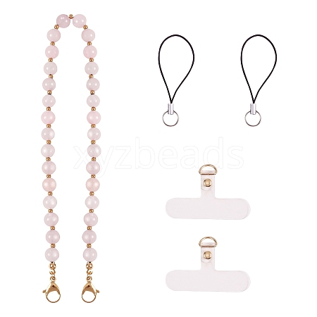 Natural Rose Quartz & 304 Stainless Steel Round Beaded Mobile Straps HJEW-SW00043-02-1