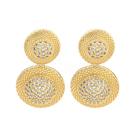 Flat Round Brass Pave Clear Cubic Zirconia Dangle Earrings EJEW-M258-30G-1