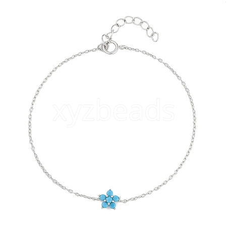 925 Sterling Silver Cubic Zirconia & Synthetic Turquoise Flower Link Bracelets XT0862-4-1