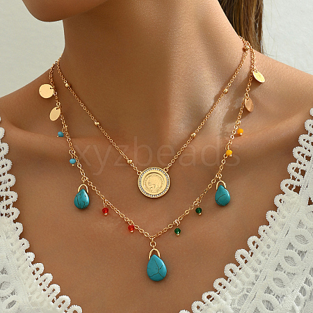 Natural Turquoise Teardrop Double Layer Necklaces OR0077-1