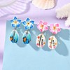 Handmade Polymer Clay 3D Flower Plumeria & Flower Word Printed Cowrie Shell Dangle Stud Earrings for Women EJEW-JE07483-1