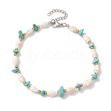 Synthetic Turquoise Chips & Natural Trumpet Shell Beaded Anklets AJEW-AN00585