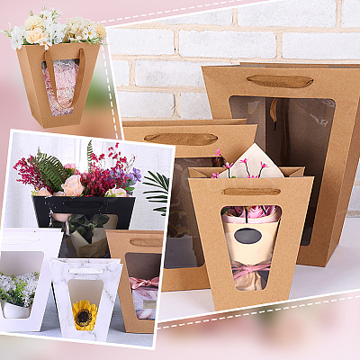 Trapezoid Paper Flower Gift Tote Bags with Plastic Visible Window ABAG-WH0045-25A-1