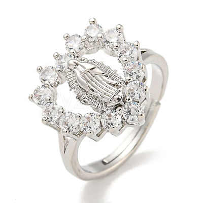 Heart with Saint Rack Plating Brass Micro Pave Cubic Zirconia Adjustable Rings RJEW-I105-04P-06-1