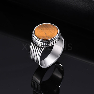 304 Stainless Steel with Natural Tiger Eye Finger Rings for Men FS-WGE1297-05-1