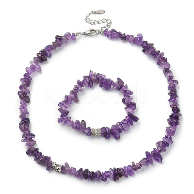 Natural Amethyst Chips Beaded Necklace & Stretc Bracelet SJEW-JS01281-01-1