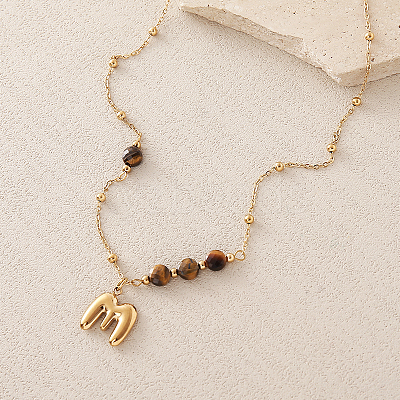 European Faceted Natural Tiger Eye 304 Stainless Steel Alphabet Pendant Necklaces QN9691-13-1