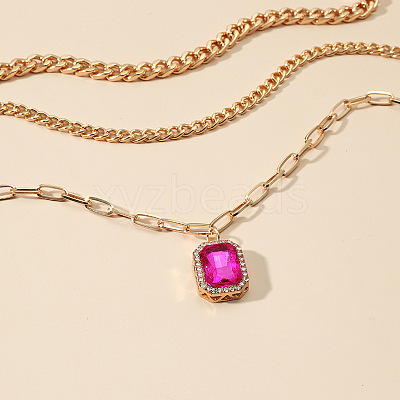 3Pcs Elegant Alloy Fuchsia Rhinestone Rectangle Pendant 3 Layer Necklaces Sets QV2693-1-1