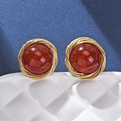 Brass Natural Carnelian Stud Earrings EJEW-Q043-01G-1