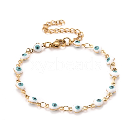 Enamel Heart with Evil Eye Link Chains Bracelet BJEW-P271-06G-01-1