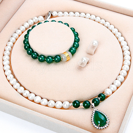 Natural Freshwater Pearl Chrysoprase Beaded Necklace & Bracelets & Earrings Sets for Women WGE4EAE-30-1