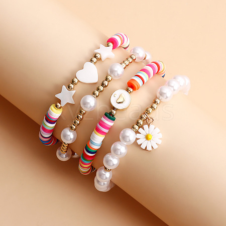 Colorful Soft Polymer Clay Shell & Imitation Pearl Beaded Stretch Bracelet Set TM4974-1