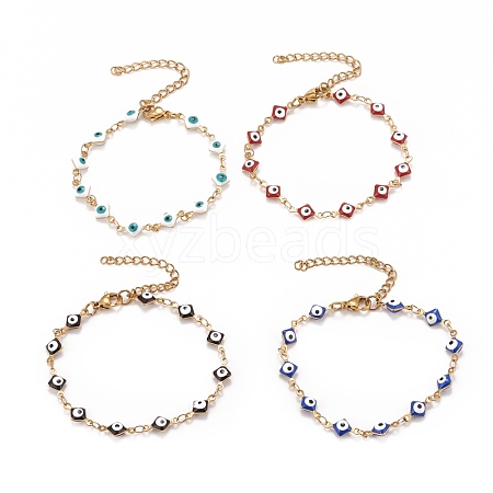 Enamel Rhombus with Evil Eye Link Chains Bracelet BJEW-P271-03G-1