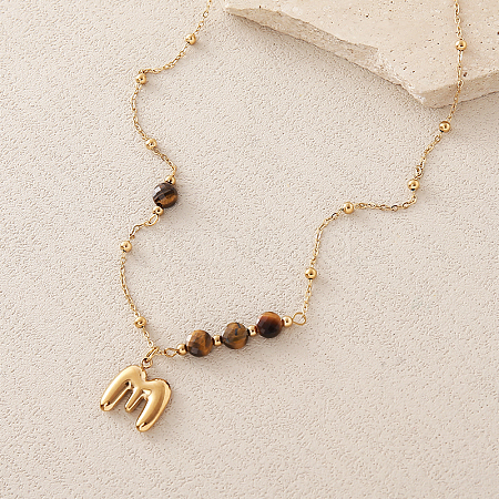 European Faceted Natural Tiger Eye 304 Stainless Steel Alphabet Pendant Necklaces QN9691-13-1