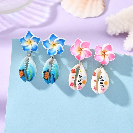 Handmade Polymer Clay 3D Flower Plumeria & Flower Word Printed Cowrie Shell Dangle Stud Earrings for Women EJEW-JE07483-1