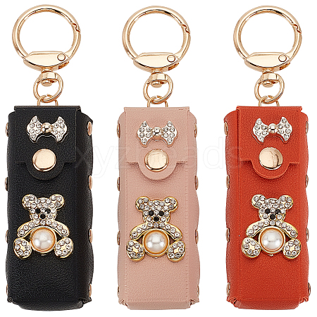 GOMAKERER 3Pcs 3 Colors PU Leather & Plastic Pearl & Rhinestone Lipstick Holder Keychains AJEW-GO0001-84-1