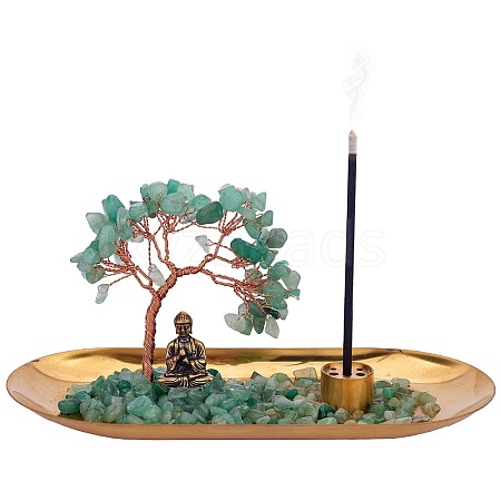 Natural Green Aventurine Chips with Brass Incense Burner Holder DJEW-G027-19RG-04-1