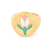 Round with Tulip Brass Enamel Open Cuff Rings RJEW-U009-05A-G-2