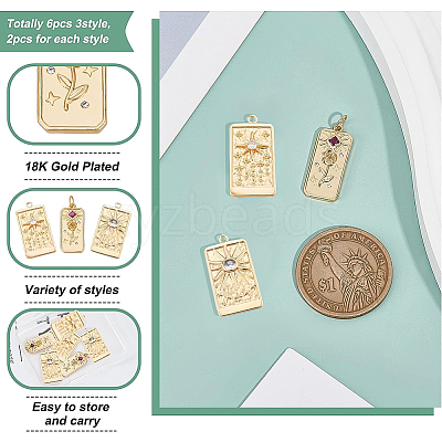 6Pcs 3 Style Embossed Brass Micro Pave Clear & Purple Cubic Zirconia Pendants ZIRC-BC0001-10-1