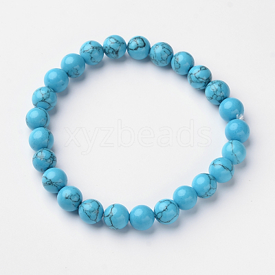 Synthetic Turquoise Round Bead Stretch Bracelets BJEW-L594-A01-1