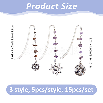 15Pcs 5 Color Sun Alloy Bookmark AJEW-FH00050-1