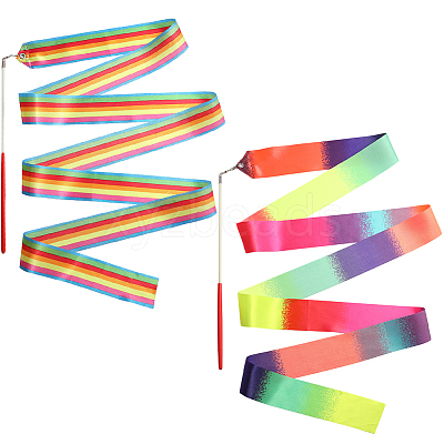 2Pcs 2 Style Polycotton Dance Ribbons with Wand AJEW-CN0001-71-1